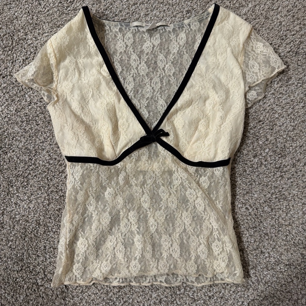 Kimchi Blue Cream Lace Blouse with Black Trim
